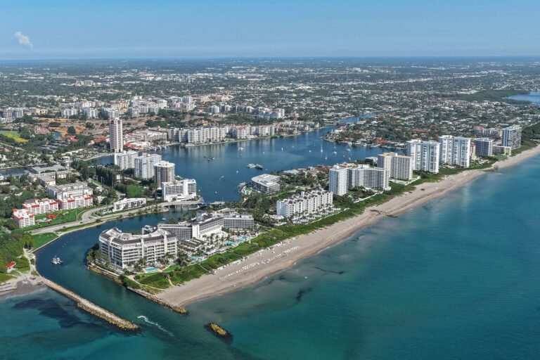 Aerial view of Boca Raton, Florida, a coastal city of 97,422 residents, showing the Boca Raton Inlet, Lake Boca Raton an