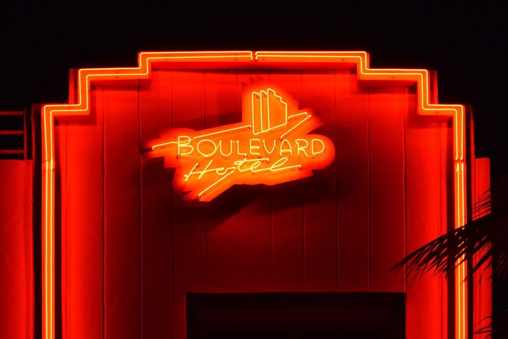 Neon sign of the Boulevard Hotel on Ocean Drive, Miami Beach Art Deco District, Florida. The building was designed by ar
