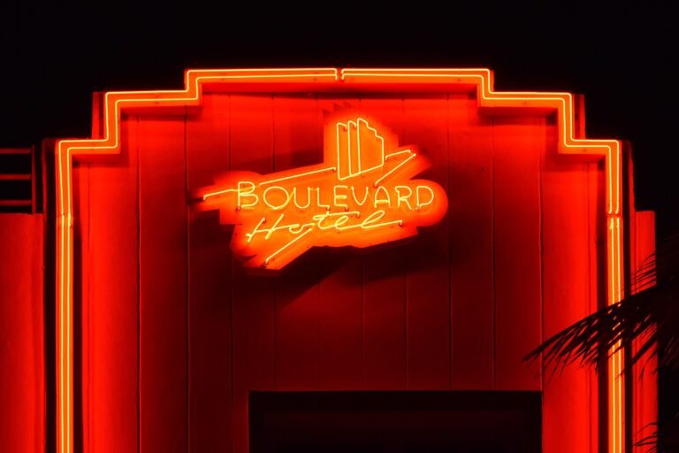 Neon sign of the Boulevard Hotel on Ocean Drive, Miami Beach Art Deco District, Florida. The building was designed by ar