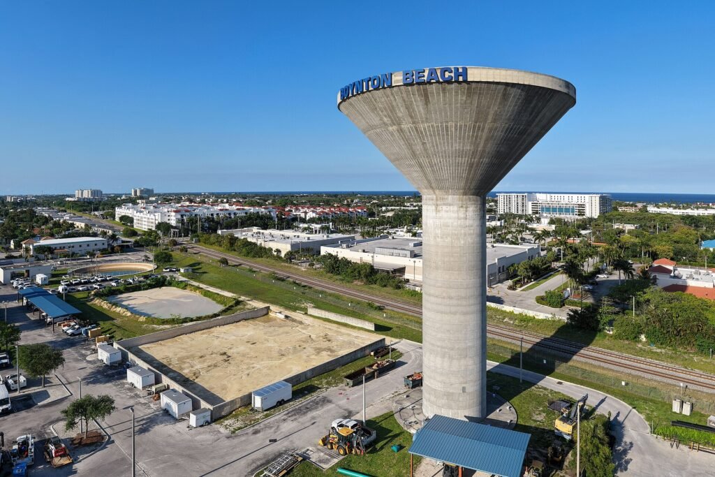 Aerial view of the Boynton Beach water tower at the East Water Treatment Plant.