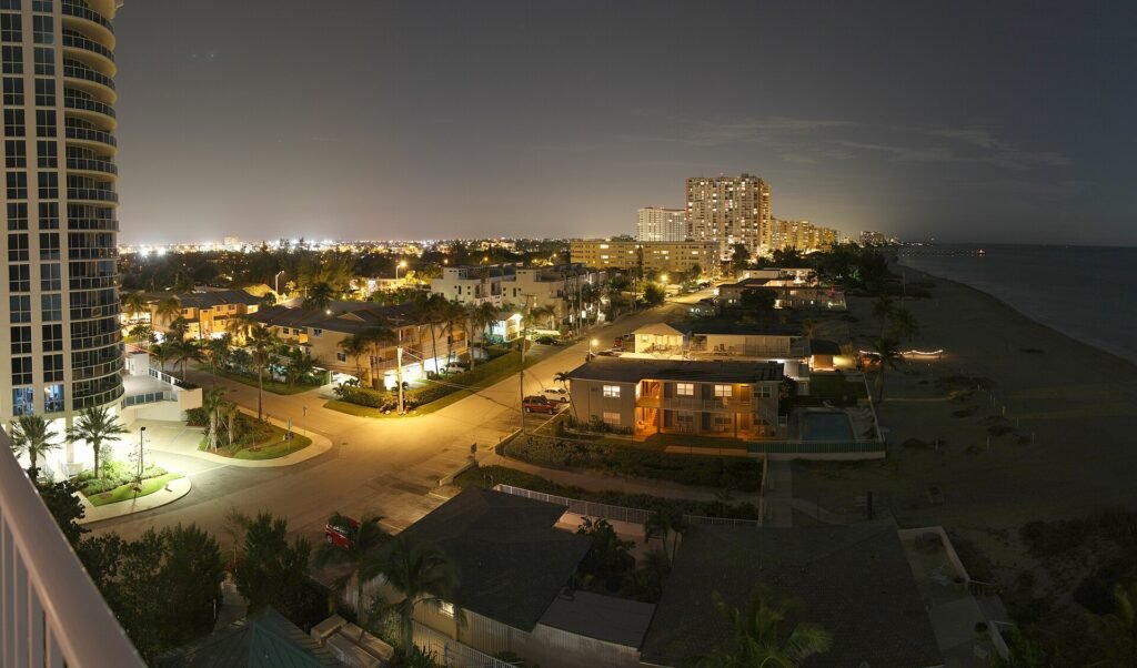 Nightime panorama of Briny Avenue in Pompano Beach, FL. Taken from the eighth floor.