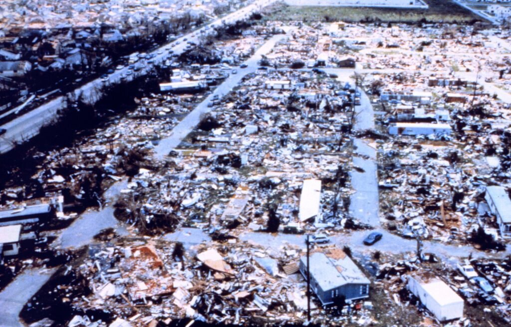Hurricane Andrew - Dadeland Mobile Home Park after passage of Andrew. Needless to say, mobile homes are not safe in stro
