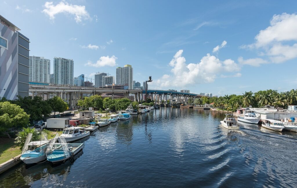 A north view of Miami and the Miami River, as seen from a bridge carrying 1st St