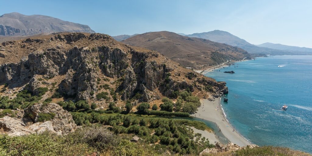 Panorama of the palm beach of Preveli with the mouth of Megalopotamos river, Crete