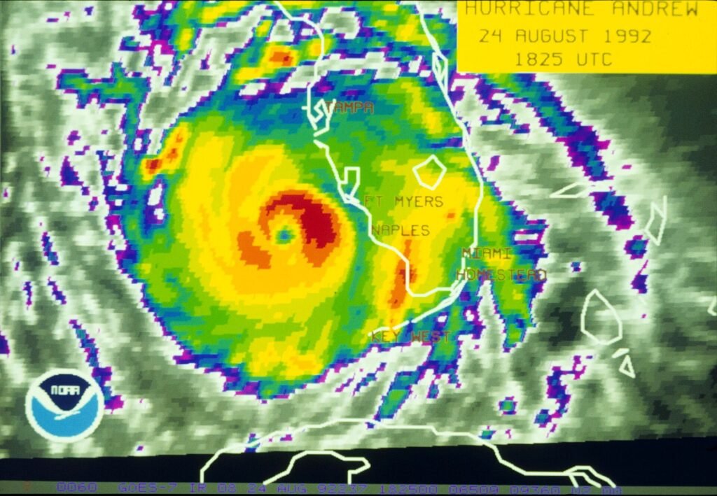 Satellite infrared view of Hurricane Andrew after it had crossed over theFlorida Peninsula and entered the Gulf of Mexic