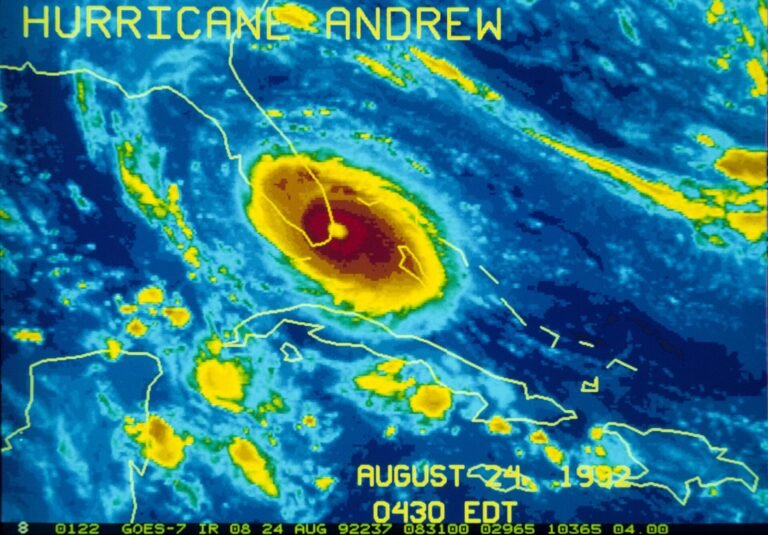 Satellite infrared view of Hurricane Andrew making landfall south of Miami.