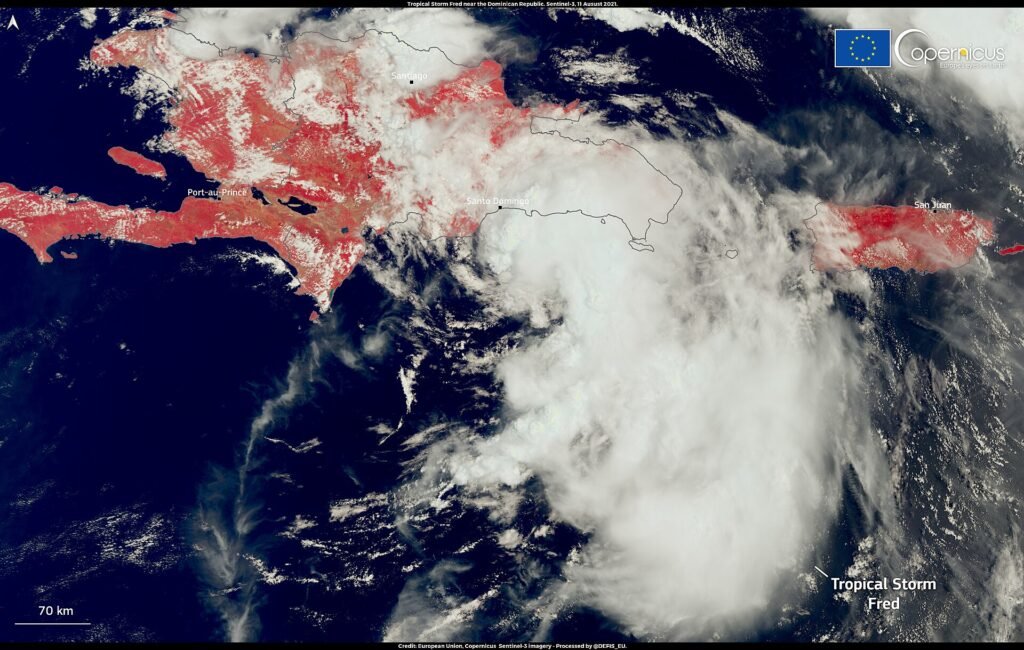This image, acquired by one of the Copernicus Sentinel-3 satellites on 11 August 2021 at 14:36 UTC, shows Tropical Storm
