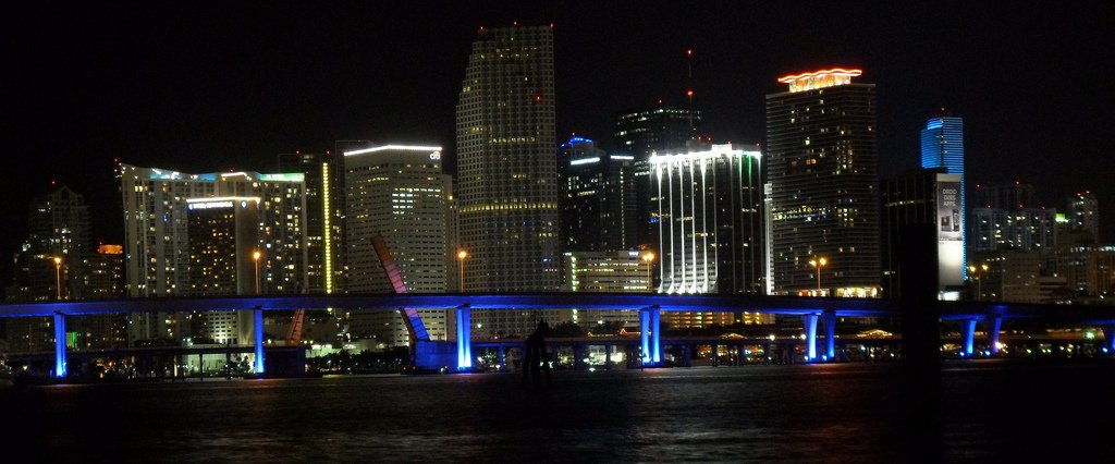 Night en:skyline of en:Miami from en:Watson Island.